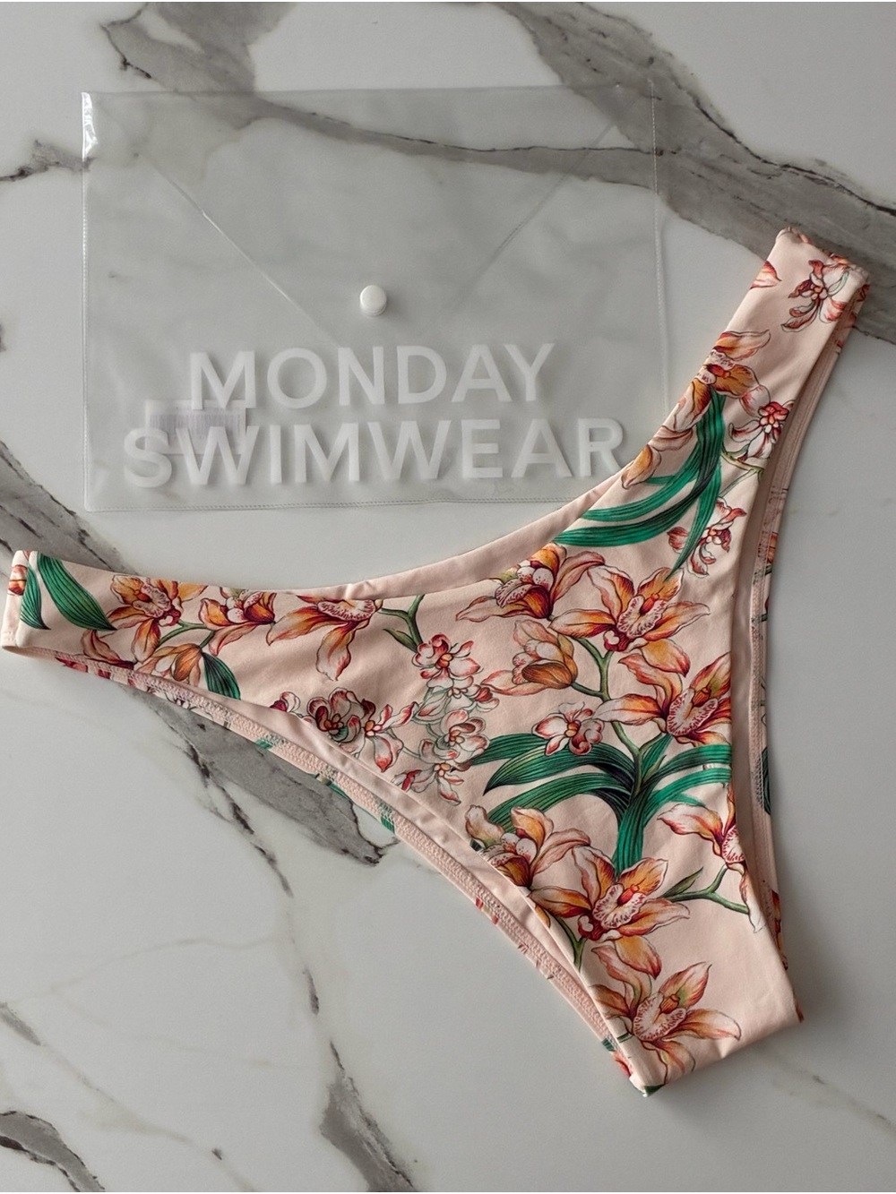 Monday Swimwear XL VV Pink Peach Floral Bikini Byron Bottom with Green Leaf